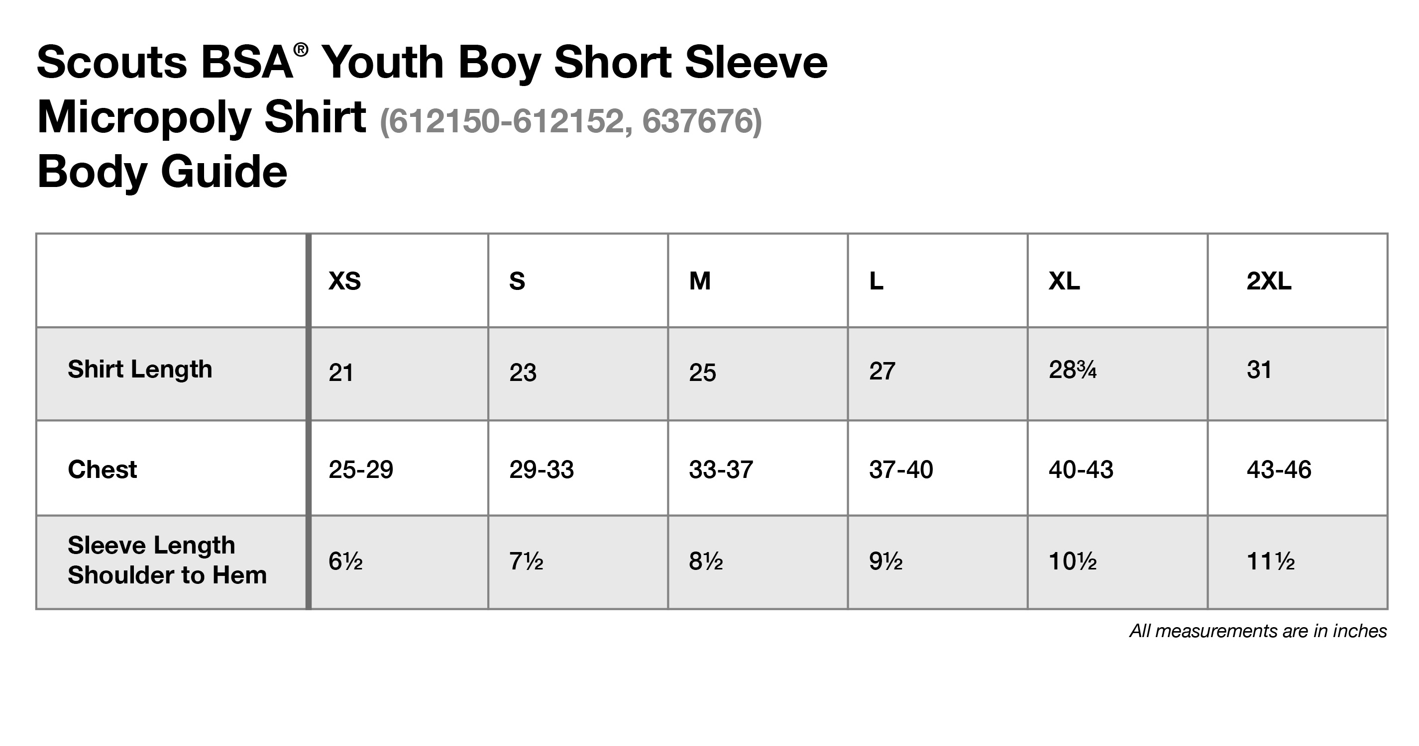 youth shirt size chart
